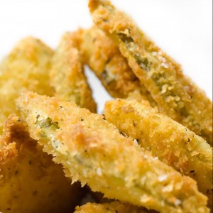 A photo of deep fried pickles.