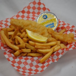A photo of fish and chips.